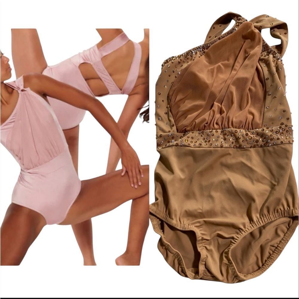 Kelle dance costume beige tan custom rhinestoned leotard PIECES OF ME 2594 MC
